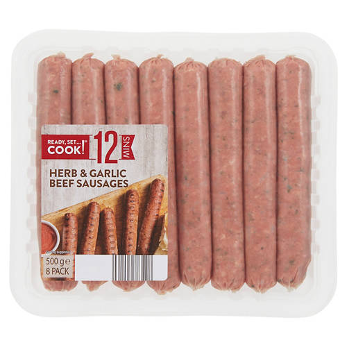 Herb & Garlic Beef Sausages 500g Product Image Front shot 01